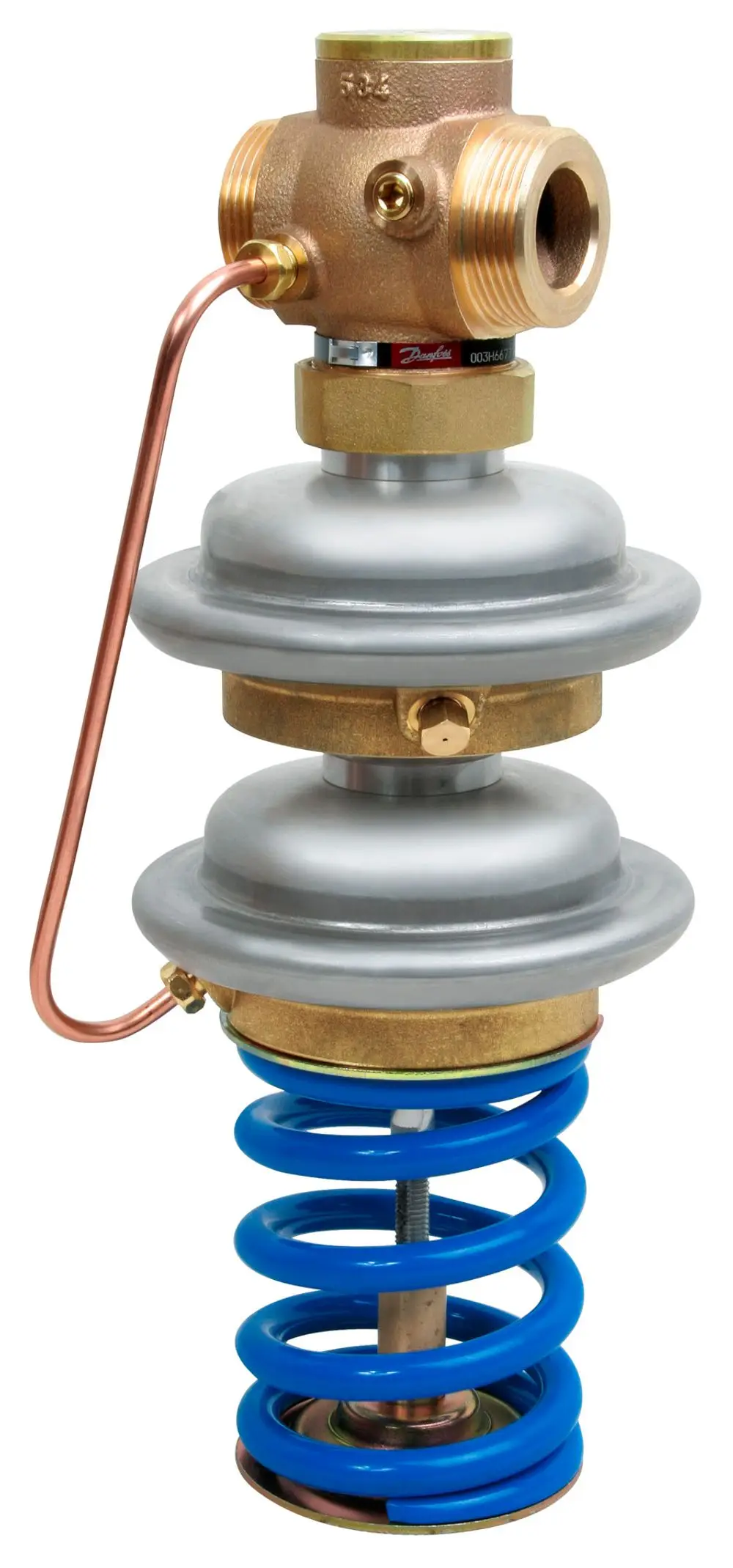 Sicherheitsventil von Danfoss, mit einem Metallgehäuse, Kupferrohr und einer blauen Feder. Es ist für Druckanwendungen ausgelegt.